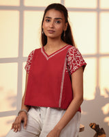 Ishanvi Red-White Kimono-Sleeve Cotton Top With Chikankari Hand Embroidery