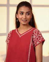 Ishanvi Red-White Kimono-Sleeve Cotton Top With Chikankari Hand Embroidery