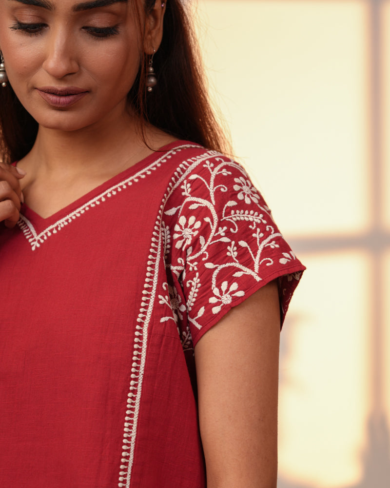 Ishanvi Red-White Kimono-Sleeve Cotton Top With Chikankari Hand Embroidery
