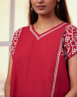 Ishanvi Red-White Kimono-Sleeve Cotton Top With Chikankari Hand Embroidery