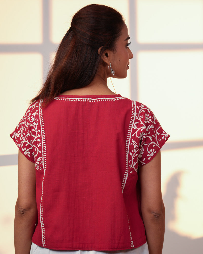 Ishanvi Red-White Kimono-Sleeve Cotton Top With Chikankari Hand Embroidery