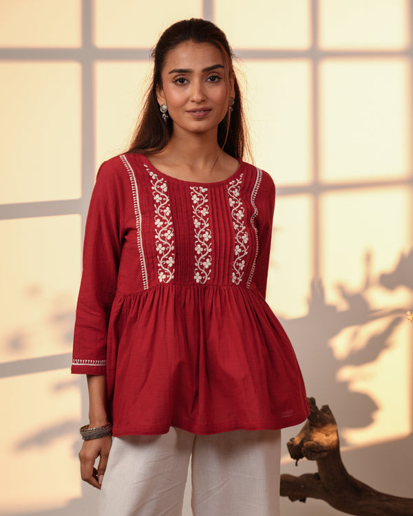 Ishanvi Red-White Gathered Cotton Top With Chikankari Hand Embroidery