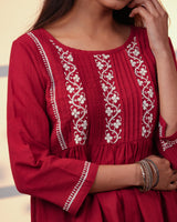 Ishanvi Red-White Gathered Cotton Top With Chikankari Hand Embroidery