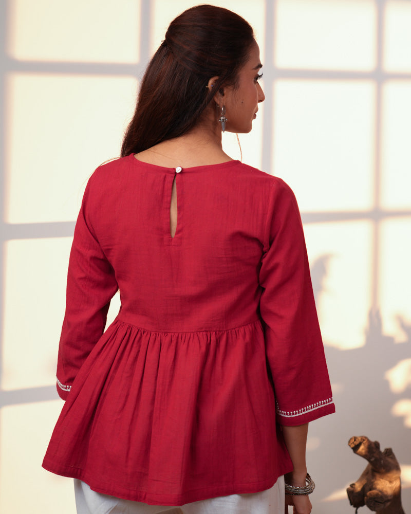 Ishanvi Red-White Gathered Cotton Top With Chikankari Hand Embroidery