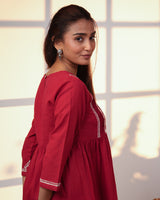 Ishanvi Red-White Gathered Cotton Top With Chikankari Hand Embroidery