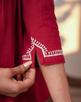 Ishanvi Red-White Gathered Cotton Top With Chikankari Hand Embroidery