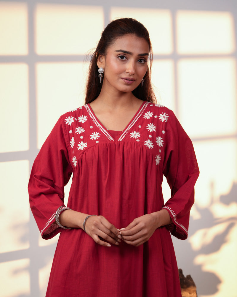 Ishanvi Red-White Gathered Cotton Dress With Chikankari Hand Embroidery