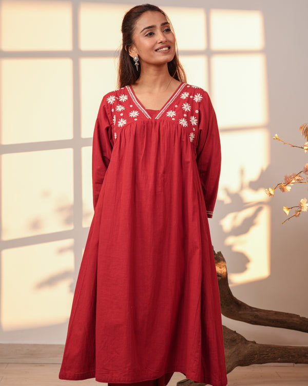 Ishanvi Red-White Gathered Cotton Dress With Chikankari Hand Embroidery