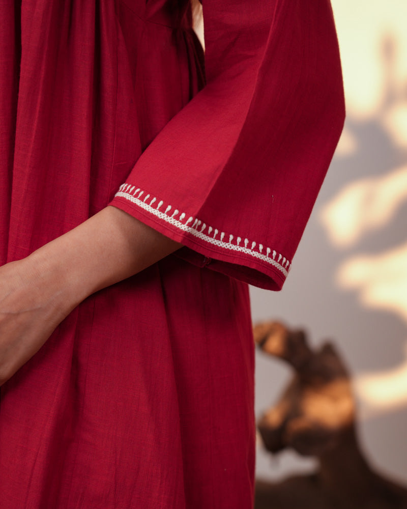 Ishanvi Red-White Gathered Cotton Dress With Chikankari Hand Embroidery