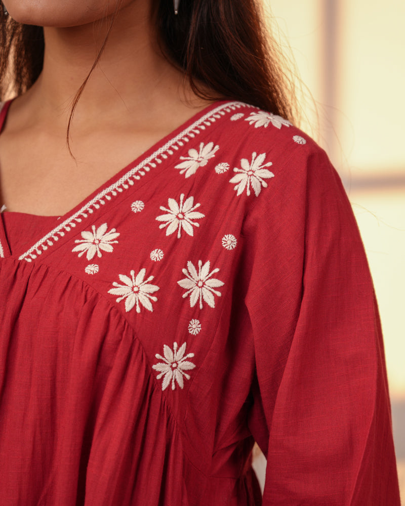 Ishanvi Red-White Gathered Cotton Dress With Chikankari Hand Embroidery