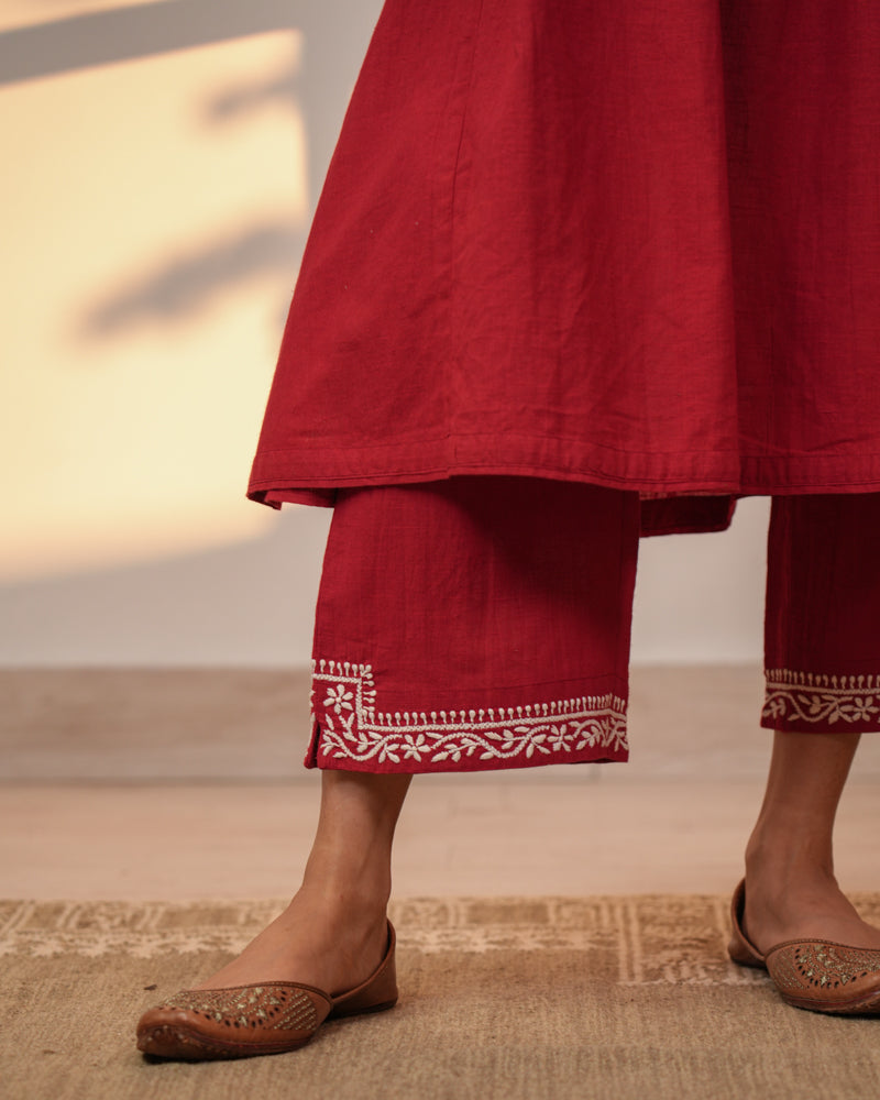 Ishanvi Red-White Pintuck Cotton Pant With Chikankari Hand Embroidery