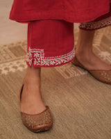 Ishanvi Red-White Pintuck Cotton Pant With Chikankari Hand Embroidery
