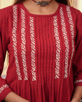 Ishanvi Red-White Pintuck Cotton Kurta With Chikankari Hand Embroidery