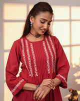 Ishanvi Red-White Pintuck Cotton Kurta With Chikankari Hand Embroidery