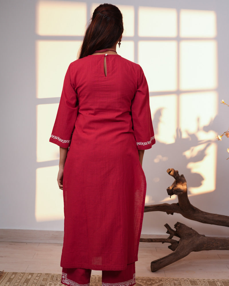 Ishanvi Red-White Pintuck Cotton Kurta With Chikankari Hand Embroidery