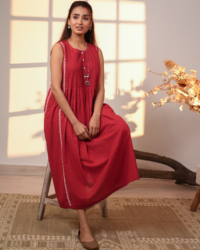 Ishanvi Red-White Sleeveless Cotton Dress With Chikankari Hand Embroidery