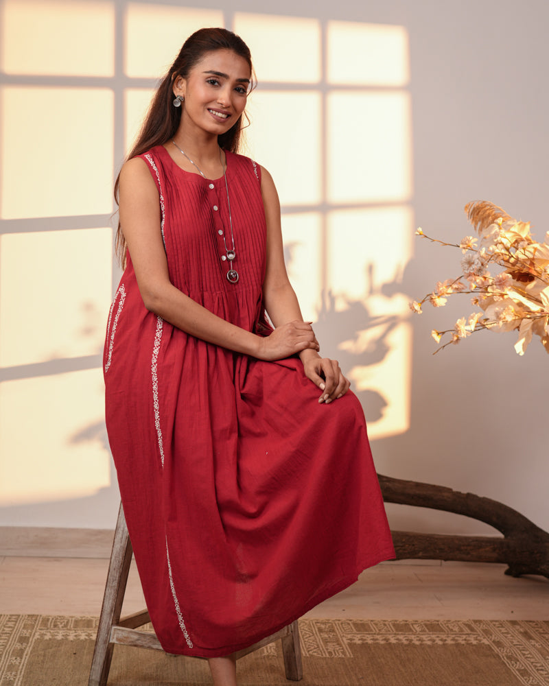 Ishanvi Red-White Sleeveless Cotton Dress With Chikankari Hand Embroidery