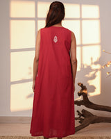 Ishanvi Red-White Sleeveless Cotton Dress With Chikankari Hand Embroidery