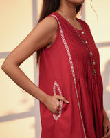 Ishanvi Red-White Sleeveless Cotton Dress With Chikankari Hand Embroidery