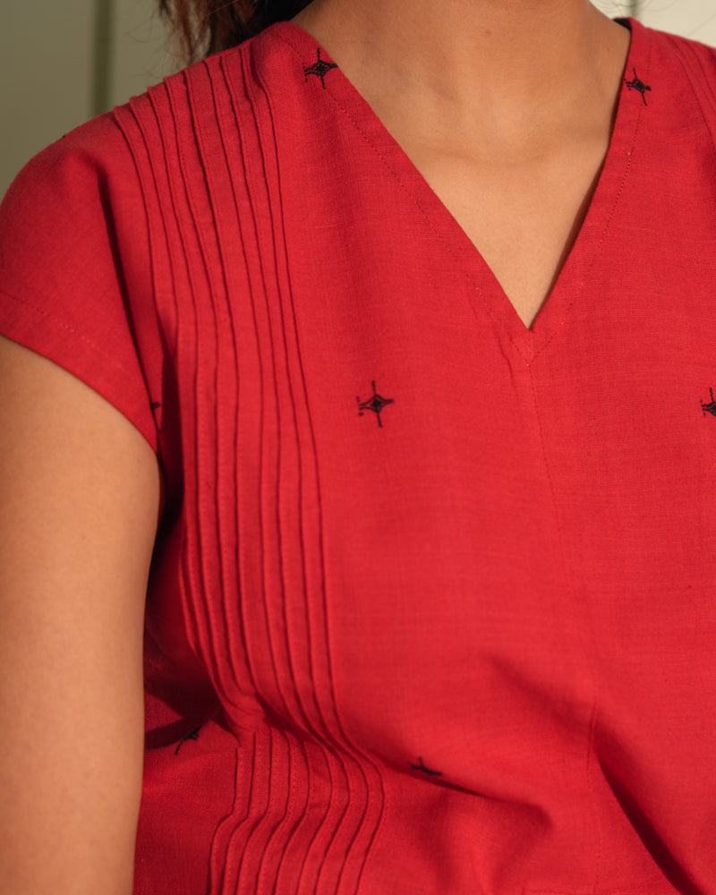 Dhwani Red Sleeveless Handwoven Cotton Top