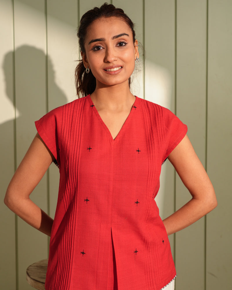 Dhwani Red Sleeveless Handwoven Cotton Top