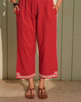 Ishanvi Red-White Pintuck Cotton Pant With Chikankari Hand Embroidery