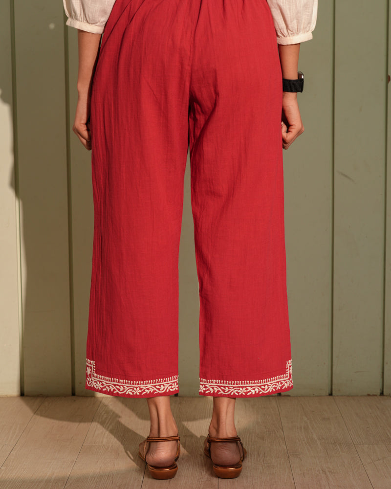 Ishanvi Red-White Pintuck Cotton Pant With Chikankari Hand Embroidery