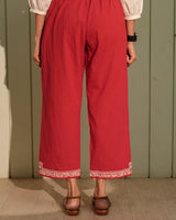 Ishanvi Red-White Pintuck Cotton Pant With Chikankari Hand Embroidery
