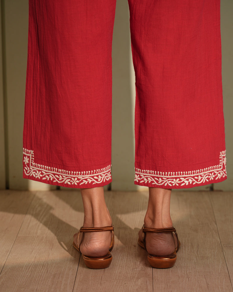 Ishanvi Red-White Pintuck Cotton Pant With Chikankari Hand Embroidery