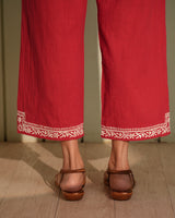 Ishanvi Red-White Pintuck Cotton Pant With Chikankari Hand Embroidery