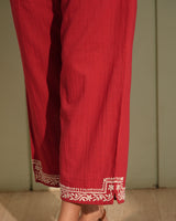 Ishanvi Red-White Pintuck Cotton Pant With Chikankari Hand Embroidery
