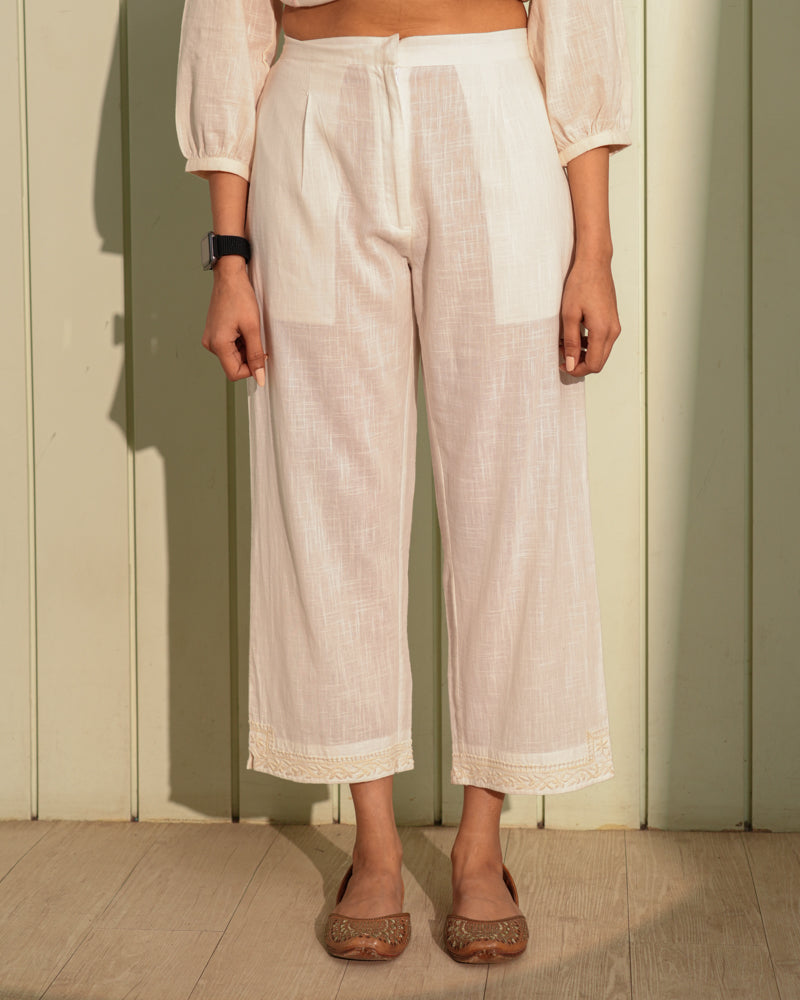 Ishanvi White Pintuck Cotton Pant With Chikankari Hand Embroidery