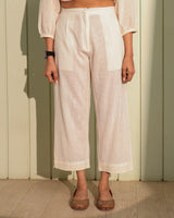 Ishanvi White Pintuck Cotton Pant With Chikankari Hand Embroidery