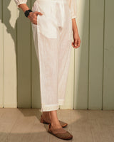 Ishanvi White Pintuck Cotton Pant With Chikankari Hand Embroidery