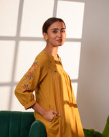 Paheli Mustard Front-Gather Cotton Kurta With Pakka Hand Embroidery