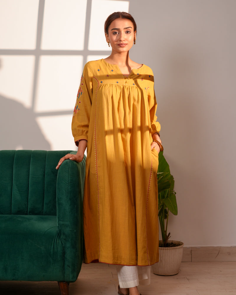 Paheli Mustard Front-Gather Cotton Kurta With Pakka Hand Embroidery