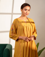 Paheli Mustard Front-Gather Cotton Kurta With Pakka Hand Embroidery