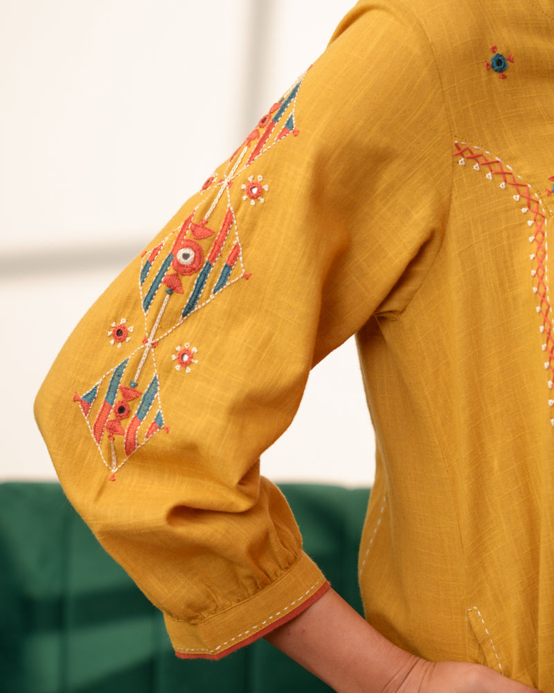 Paheli Mustard Front-Gather Cotton Kurta With Pakka Hand Embroidery