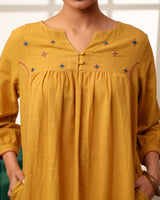 Paheli Mustard Front-Gather Cotton Kurta With Pakka Hand Embroidery