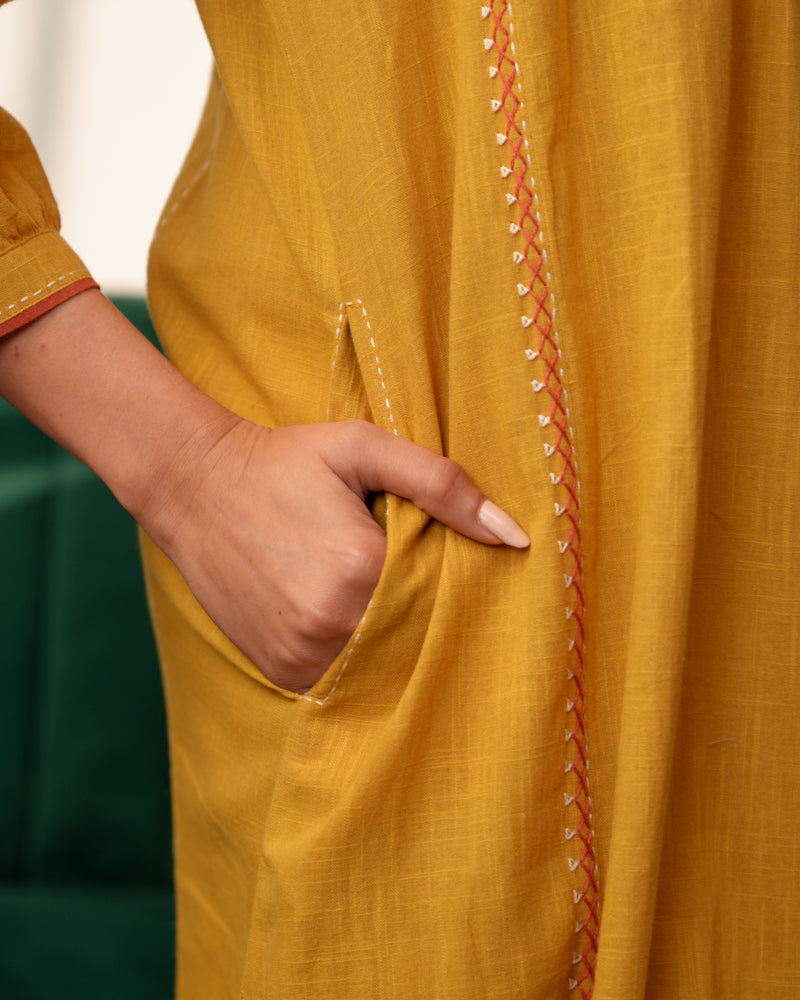 Paheli Mustard Front-Gather Cotton Kurta With Pakka Hand Embroidery