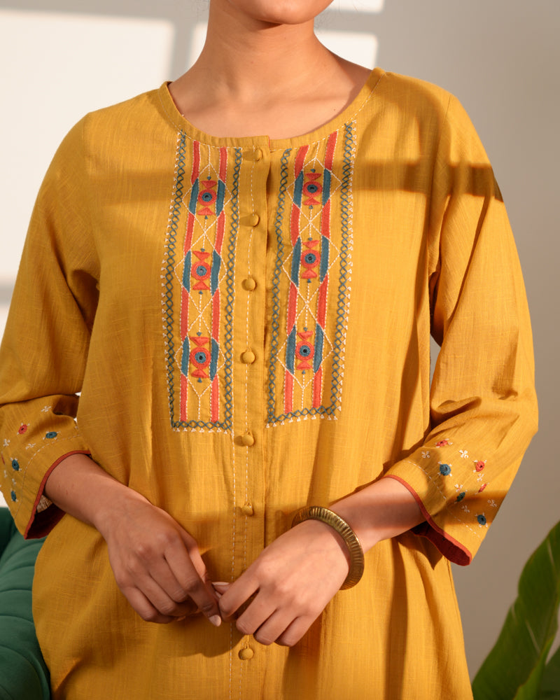 Paheli Mustard Straight-Fit Cotton Kurta With Pakka Hand Embroidery