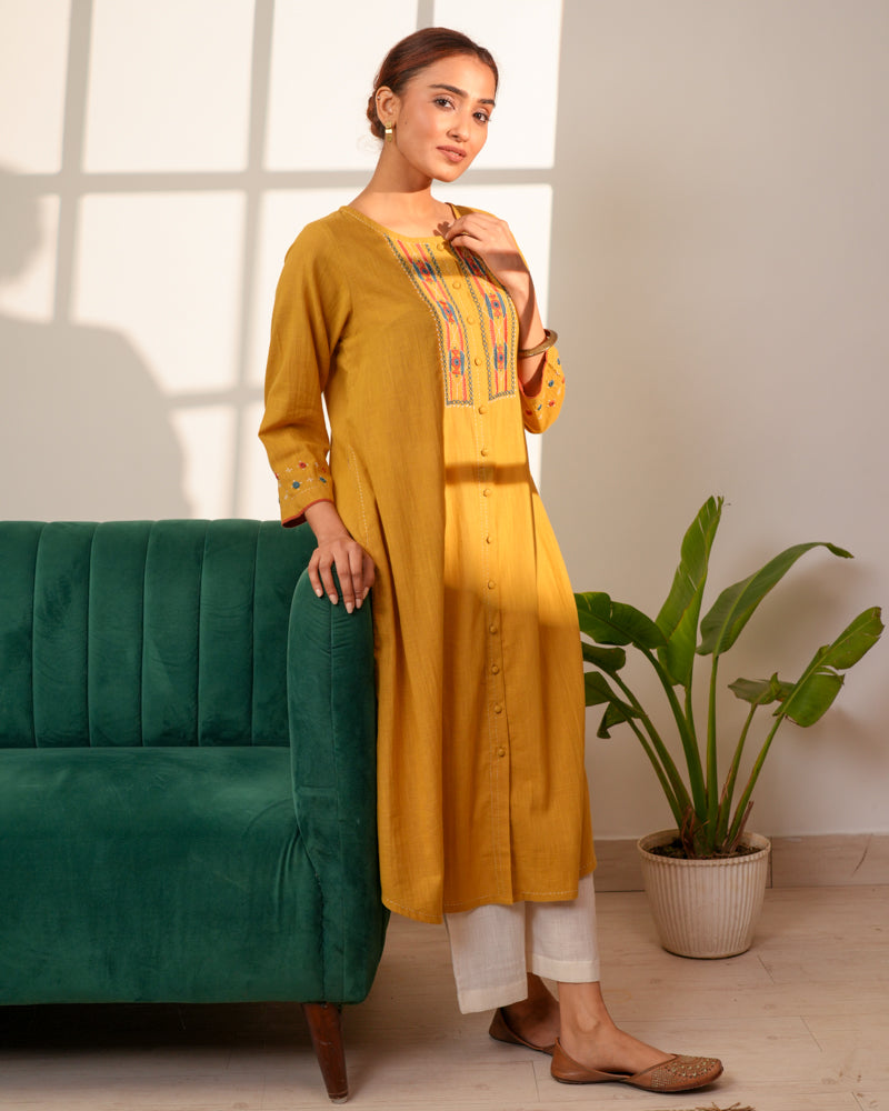 Paheli Mustard Straight-Fit Cotton Kurta With Pakka Hand Embroidery