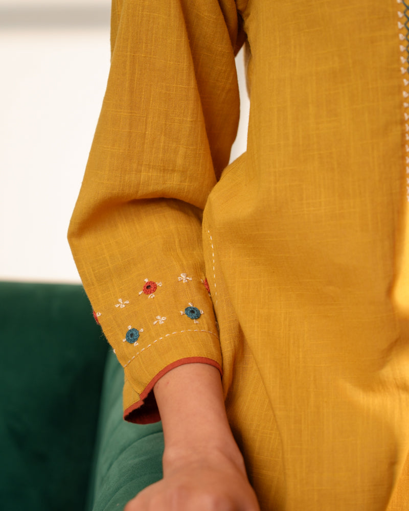 Paheli Mustard Straight-Fit Cotton Kurta With Pakka Hand Embroidery