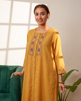 Paheli Mustard Straight-Fit Cotton Kurta With Pakka Hand Embroidery