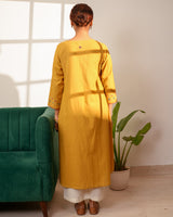Paheli Mustard Straight-Fit Cotton Kurta With Pakka Hand Embroidery
