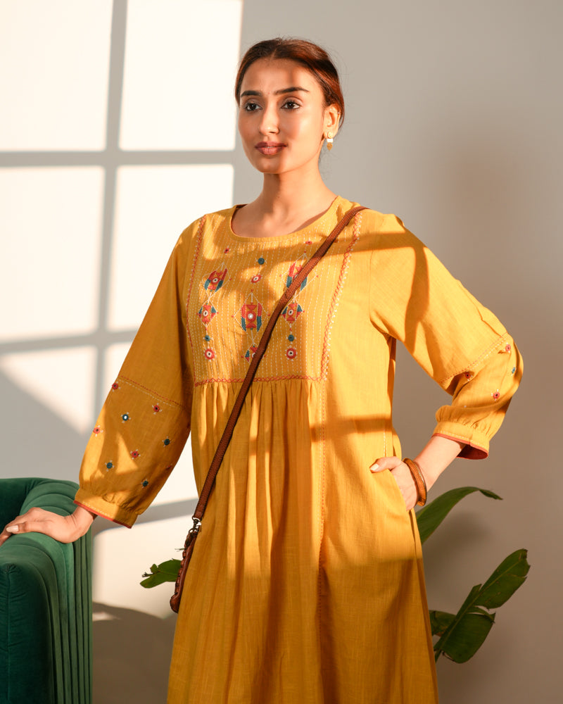 Paheli Mustard Front-Yoke Cotton Kurta With Pakka Hand Embroidery