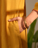 Paheli Mustard Front-Yoke Cotton Kurta With Pakka Hand Embroidery