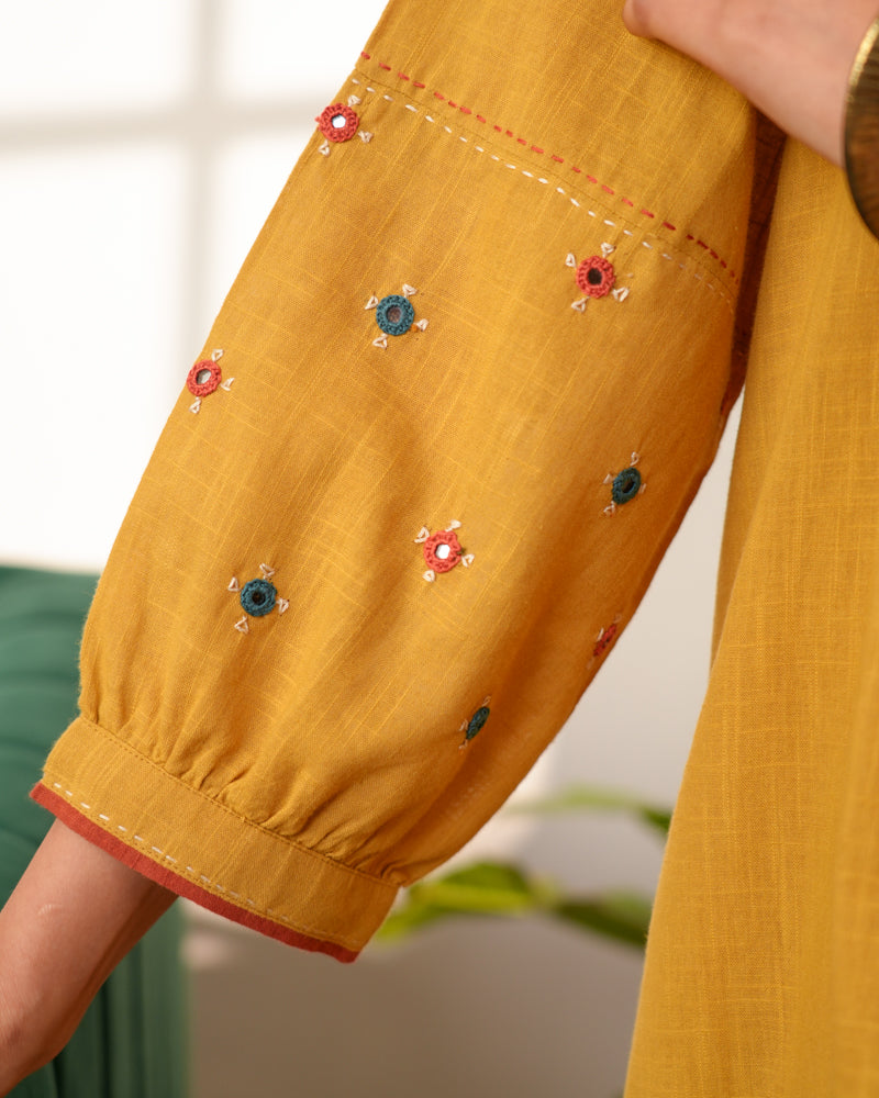 Paheli Mustard Front-Yoke Cotton Kurta With Pakka Hand Embroidery