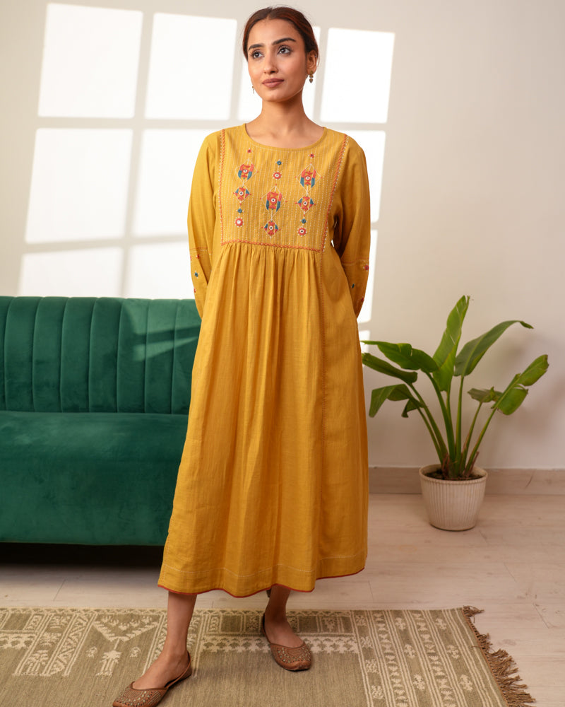 Paheli Mustard Front-Yoke Cotton Kurta With Pakka Hand Embroidery