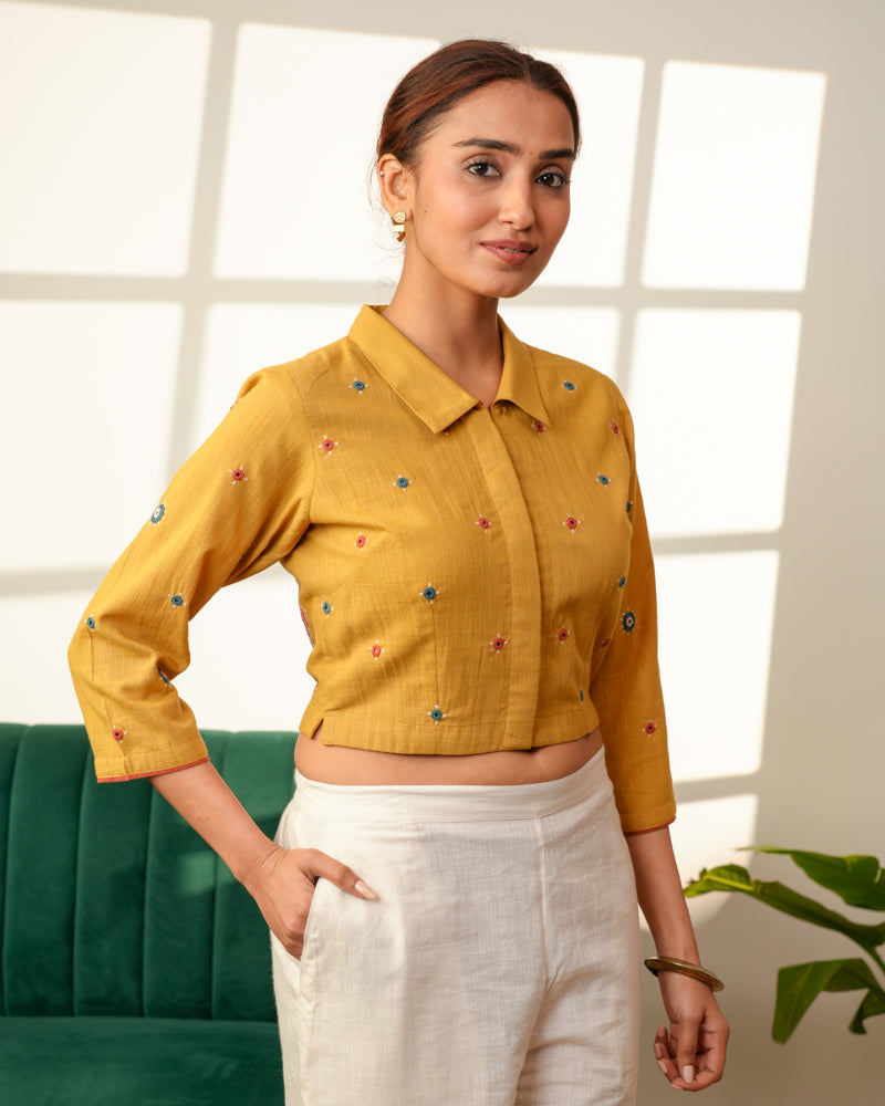 Paheli Mustard Shirt-Collar Cotton Blouse With Pakka Hand Embroidery